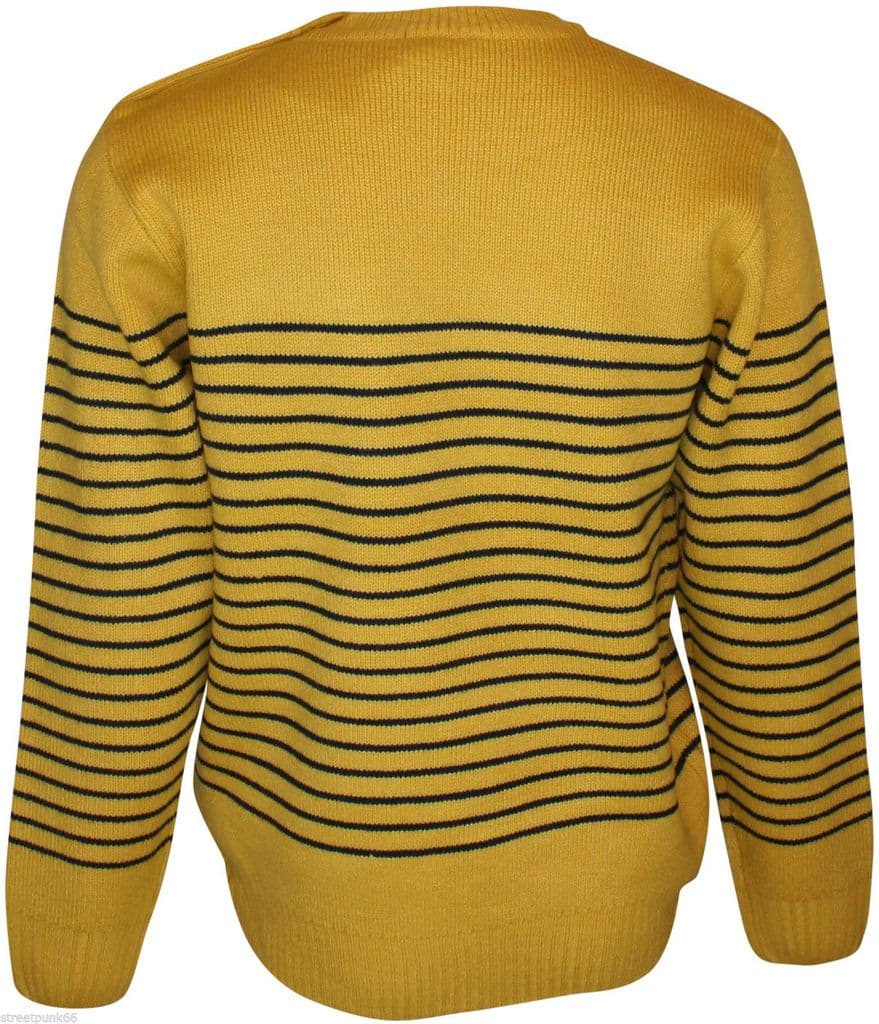 Relco Mens Mod Striped Naval Mustard Yellow Guernsey Knit Jumper Anchor ...